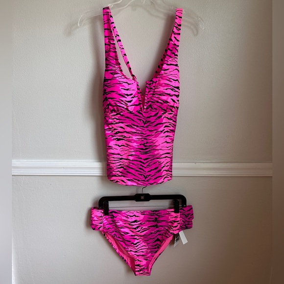 California Waves Animal Print Tankini Swimsuit V-Wire Padded Strappy NWT - Picture 3 of 17
